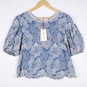 Solitaire Womens Blue Floral Embroidered Puff Sleeve Top NWT Small Boho Cottage